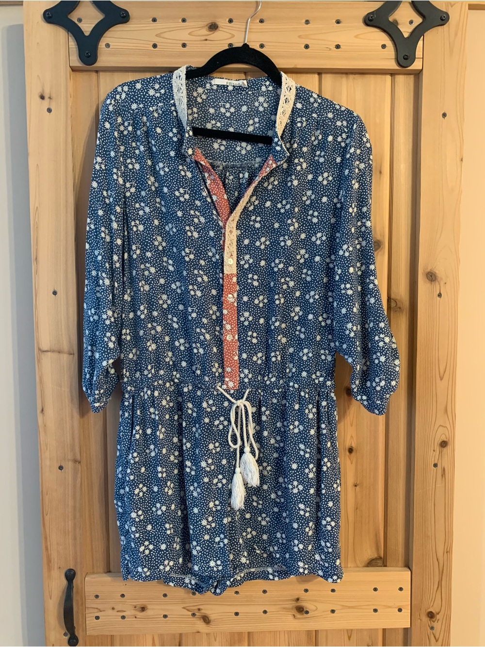 Ellison Blue and White Floral Romper with Coral Trim